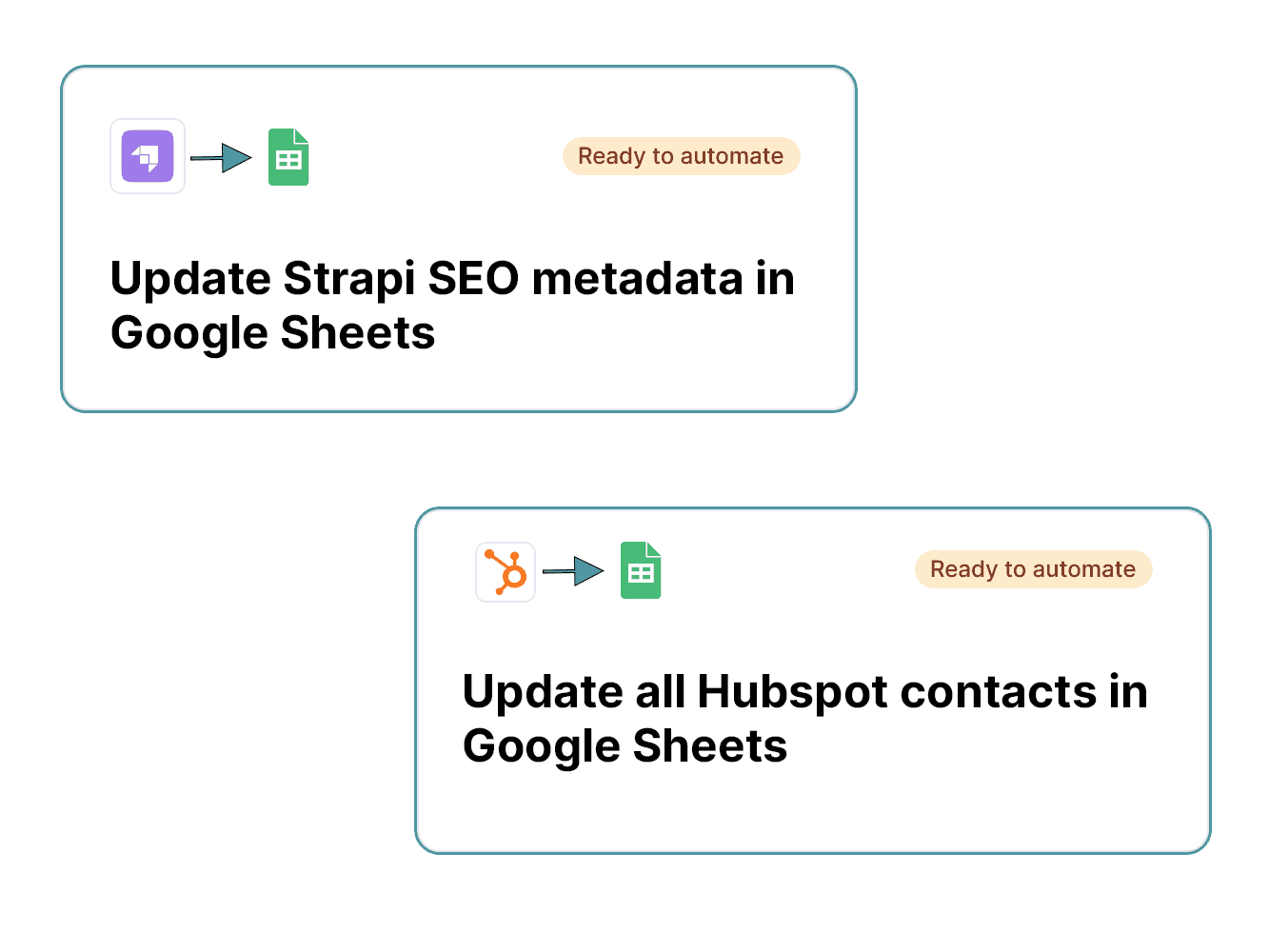 Cards showing different Use Cases for ContentMesh, Strapi.io, Google Sheets, and Hubspot