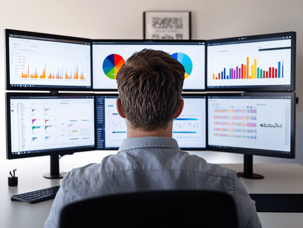 Man working on multiple screens analyzing data