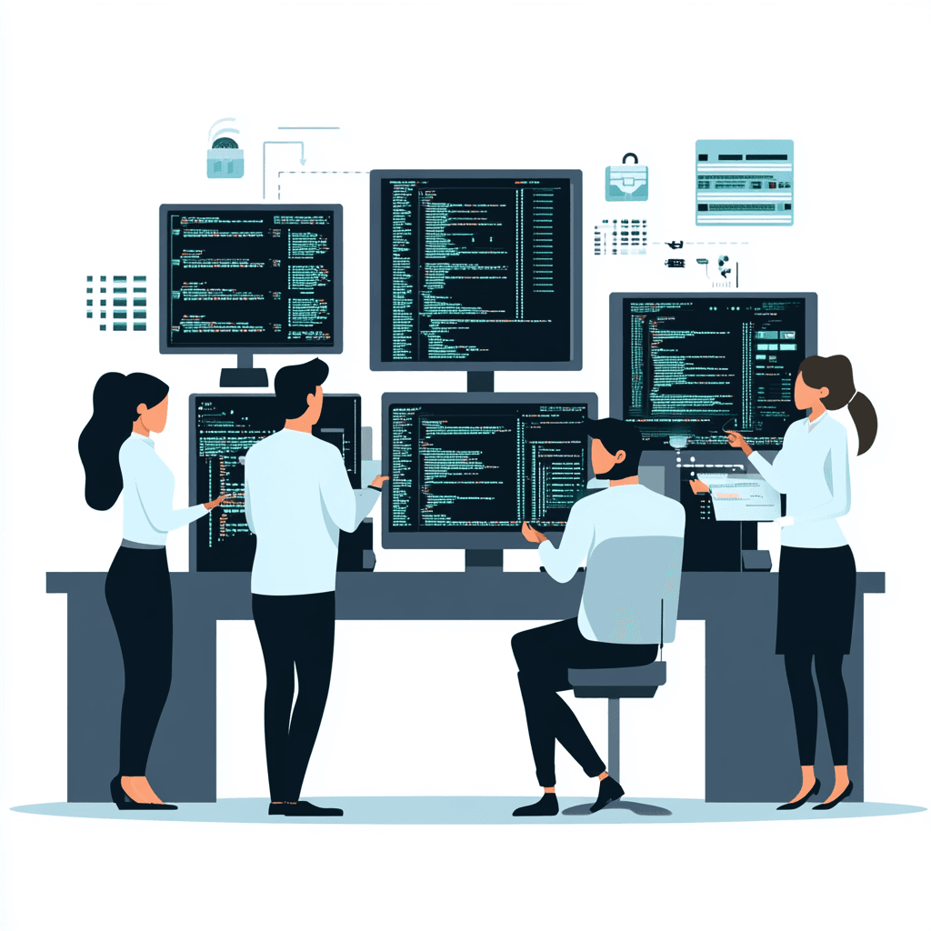 An illustration of a computer security team reviewing securtity of connected data sources