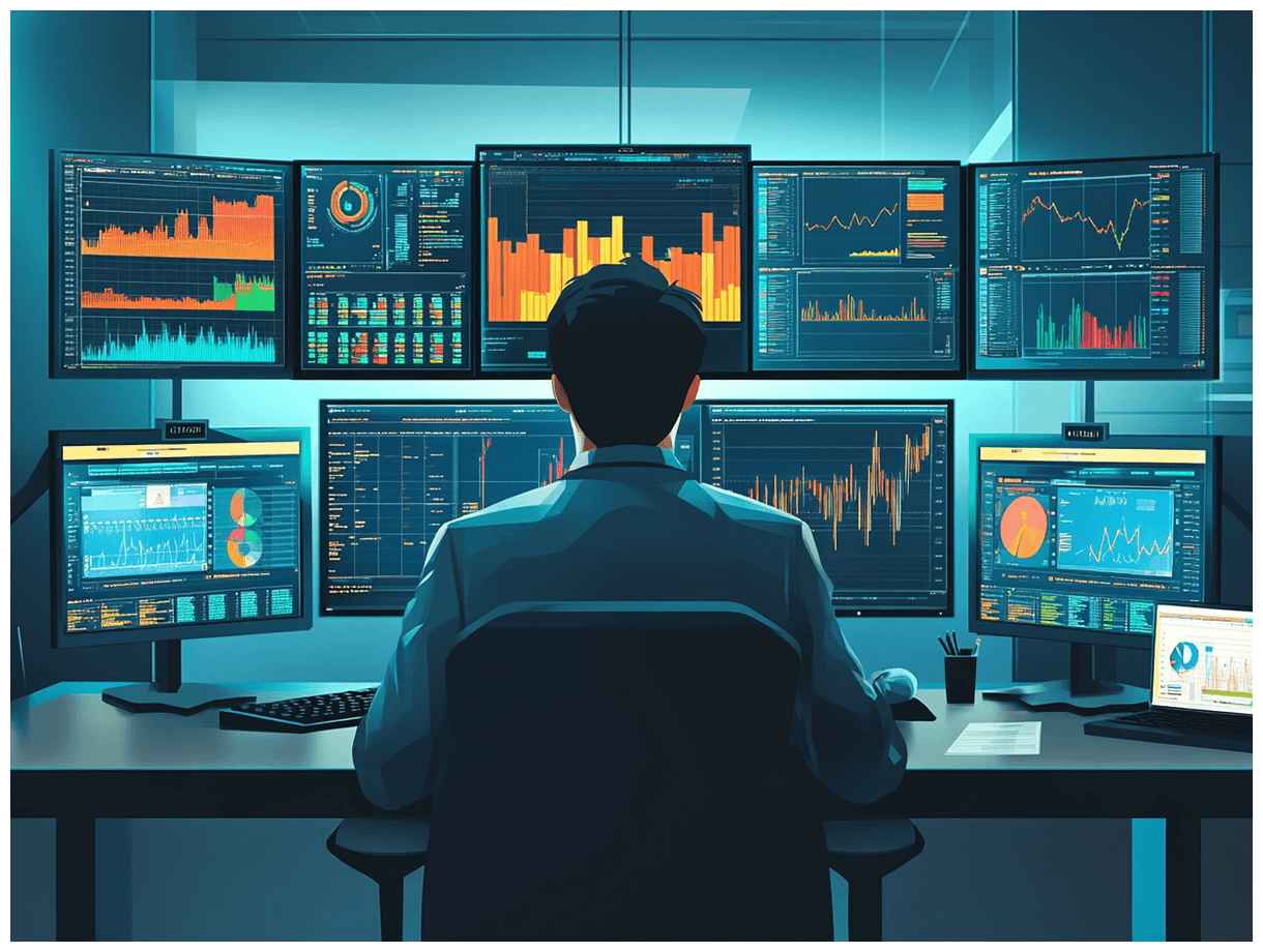 Man working on multiple screens analyzing data