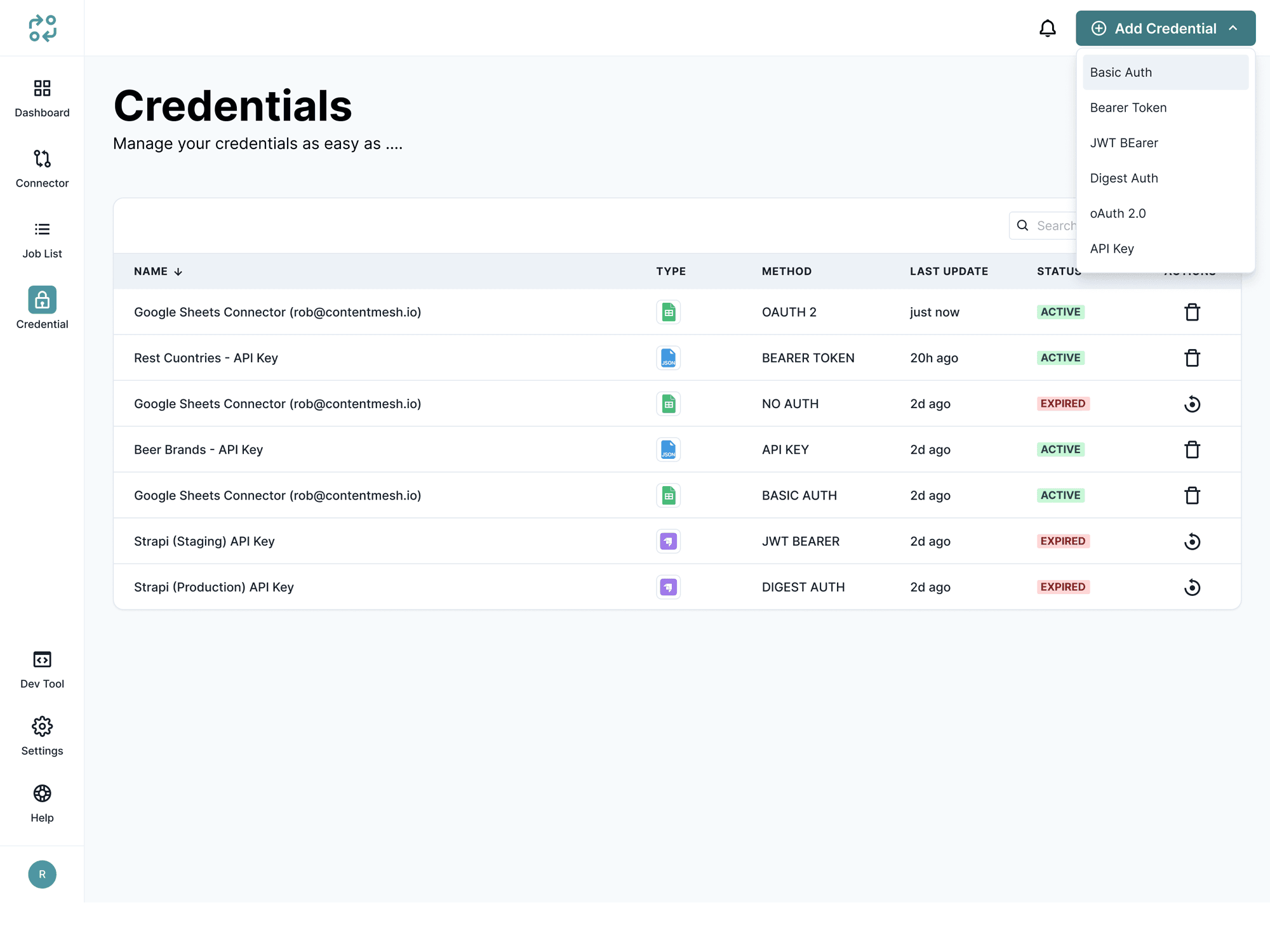 A screenshot of ContentMesh’s credential management system